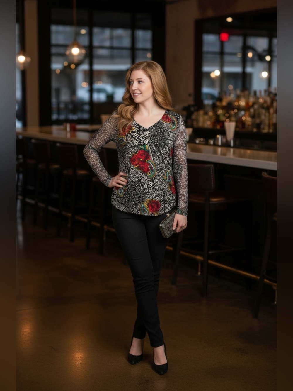 Vintage Nygard Collection  V-Neck Mixed Floral Print Mesh Sleeve Blouse